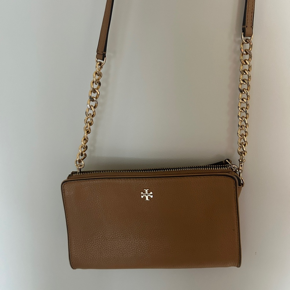 Tory Burch Tan Pebbled Leather Chain-Accent Crossbody